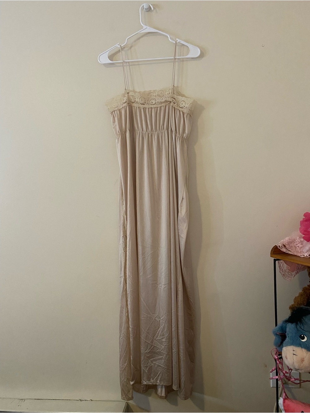 Vintage Beige with floral Lace trim slip Maxi Dress night gown with side Slit